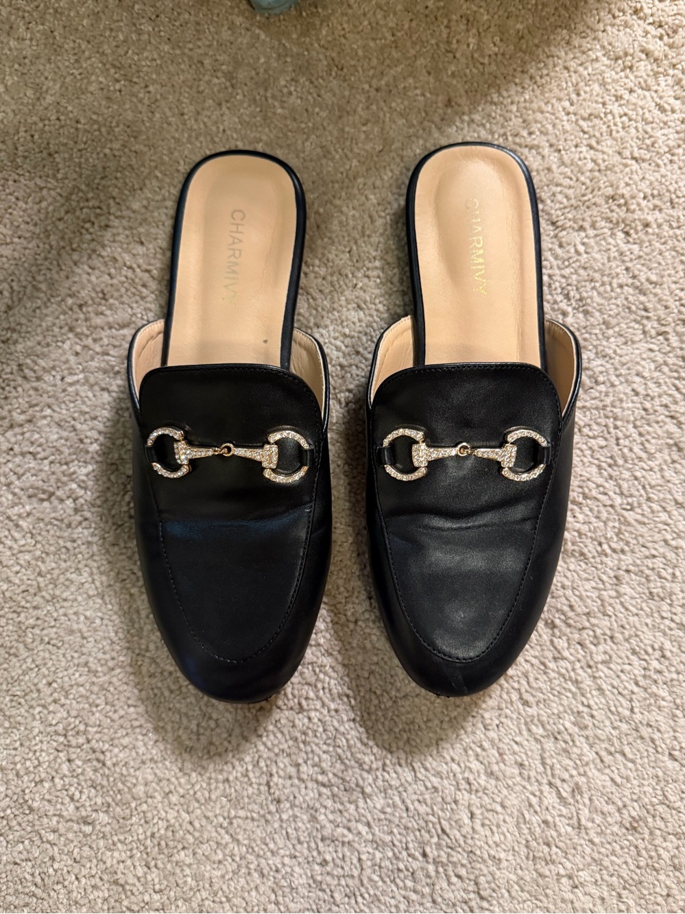 Charvimy Black Leather Slip-On Loafers Gold Horse Bit Detail 7
